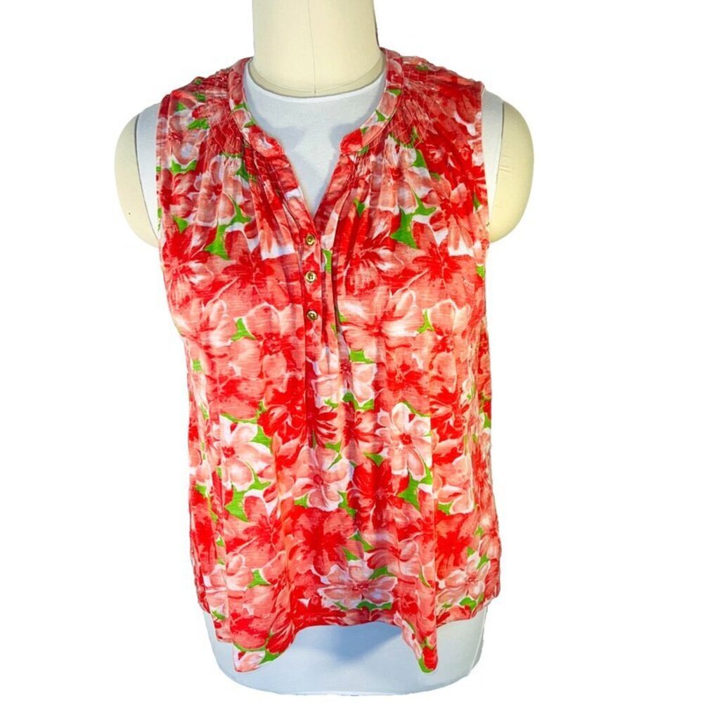 Fresh - Tank Top Women's 3X Coral Pink Mini Floral 3-Button Henley V-Neck